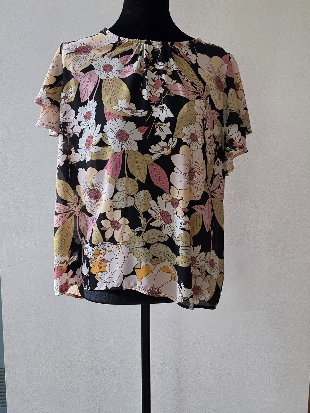 Pleione Black Floral Short Sleeve Blouse with Pink and Cream Blooms